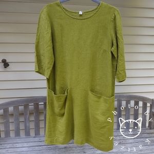 Linenfox Moss Green Rose Tunic Linen Dress Medium